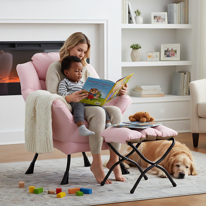 Welnow Lazy Chair with Ottoman, Modern Reading Lounge Accent Chair with Armrests and a Side Pocket, Leisure Upholstered Lazy Sofa Set with Footrest for Small Space - Image 3