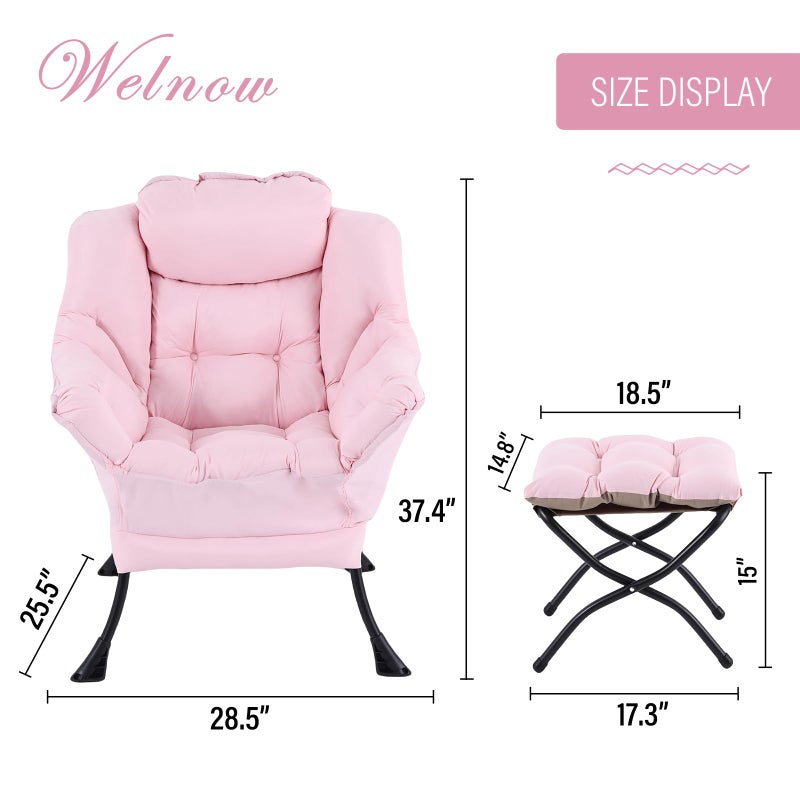 Welnow Lazy Chair with Ottoman, Modern Reading Lounge Accent Chair with Armrests and a Side Pocket, Leisure Upholstered Lazy Sofa Set with Footrest for Small Space - Image 2