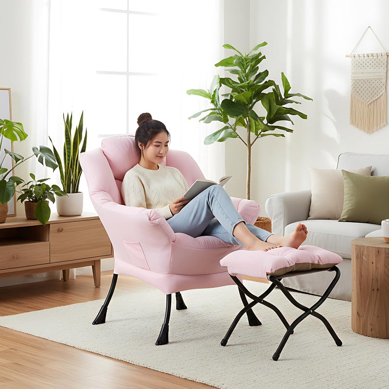 Welnow Lazy Chair with Ottoman, Modern Reading Lounge Accent Chair with Armrests and a Side Pocket, Leisure Upholstered Lazy Sofa Set with Footrest for Small Space - Image 4