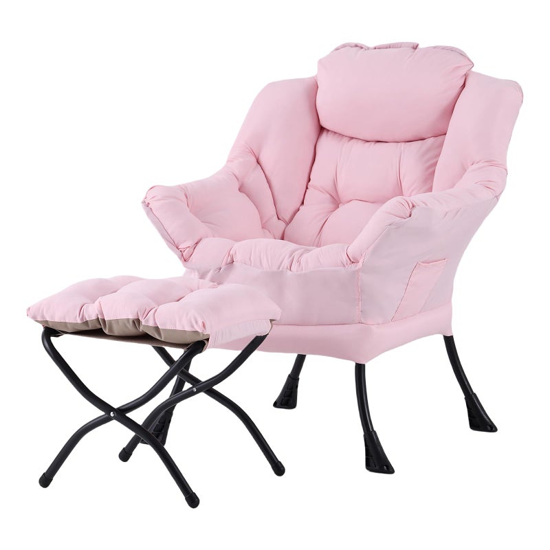 Welnow Lazy Chair with Ottoman, Modern Reading Lounge Accent Chair with Armrests and a Side Pocket, Leisure Upholstered Lazy Sofa Set with Footrest for Small Space - Image 1