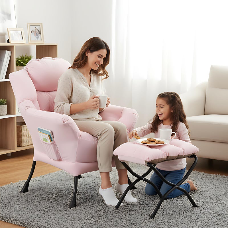 Welnow Lazy Chair with Ottoman, Modern Reading Lounge Accent Chair with Armrests and a Side Pocket, Leisure Upholstered Lazy Sofa Set with Footrest for Small Space - Image 5