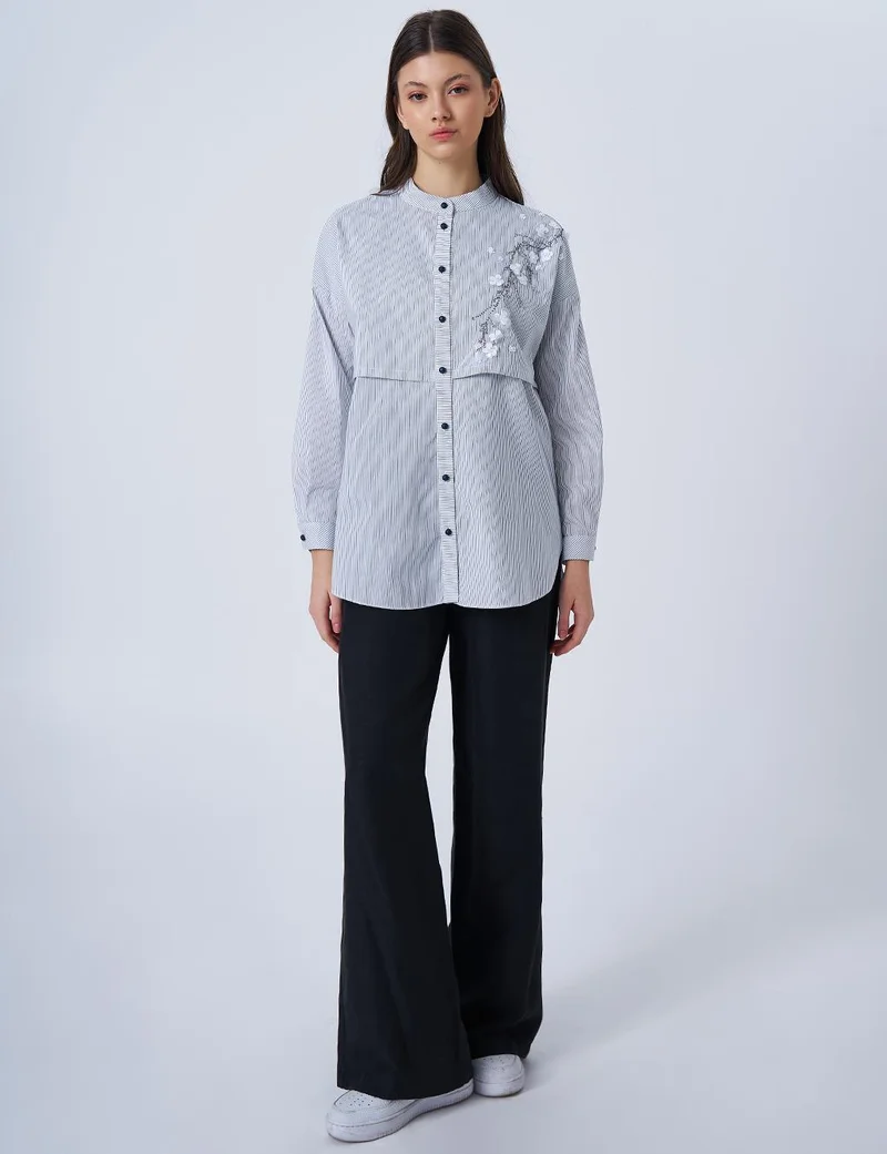 Kayra Appliquéd Striped Cotton Tunic Blue