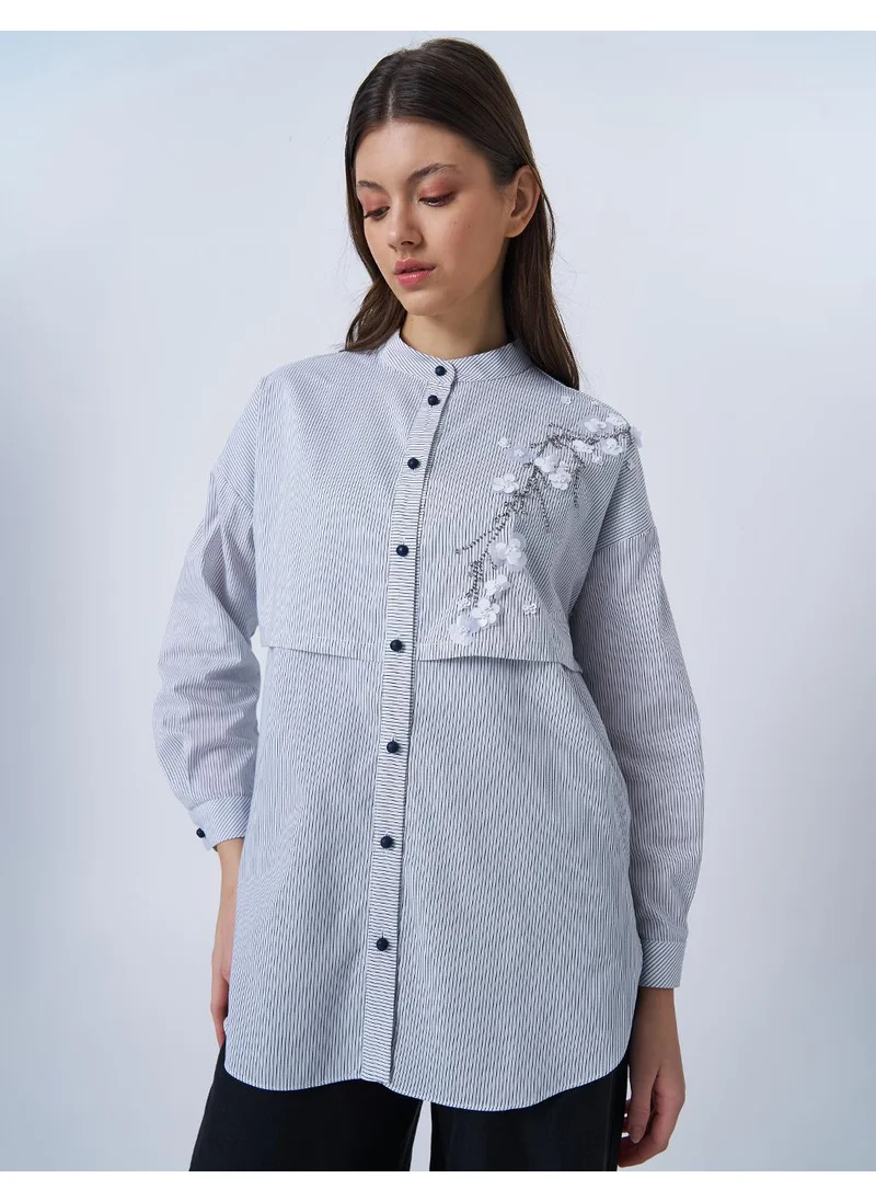 Kayra Appliquéd Striped Cotton Tunic Blue