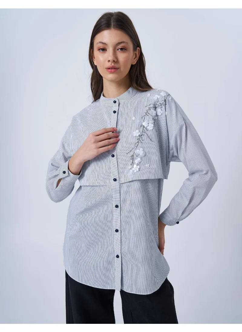 Kayra Appliquéd Striped Cotton Tunic Blue