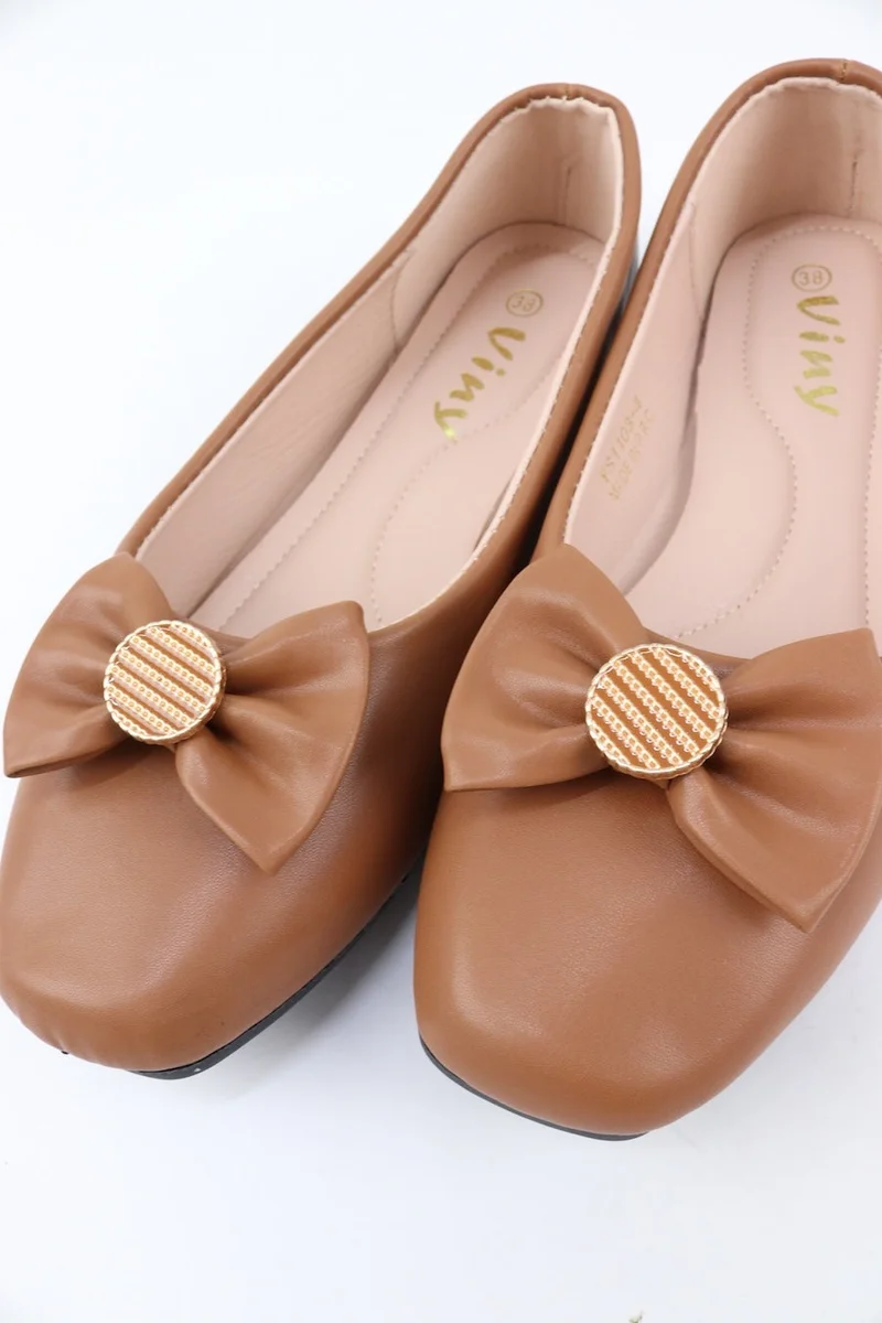 Viny TAN VINY Women's Cushioned Ballet Flats – Comfortable Slip-On Ballerina Shoes with Bow Detail, Lightweight Flat Shoes for Office, Walking, Travel & Everyday Wear for Women | Best Price UAE