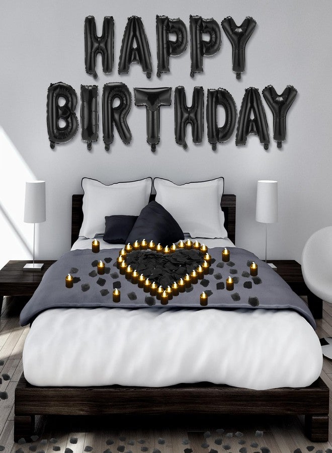 Charnoel Black Happy Birthday Balloons Decorations Happy Birthday Letter Balloons Banner Set with 24pcs Round Flameless LED Candles and 2000pcs Artificial Rose Petals for Women Men Room Party Decor - Image 1