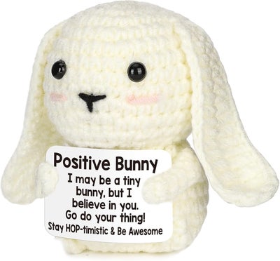 Happy Threads Positive Bunny Plush with Inspirational Message Card, Handmade Crochet Emotional Support Keepsake, Cute Desk & Shelf Décor, Encouragement Gift for Kids, Friends & Family