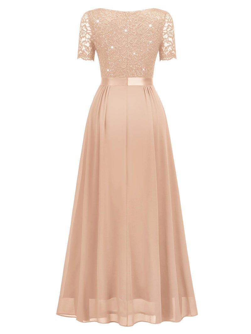 Miusol Women's Classy V-Neck Ruffle Floral Lace Hem Trim Sequined Maxi Bridesmaid Dress (X-Large, D-Champagne) - Image 5