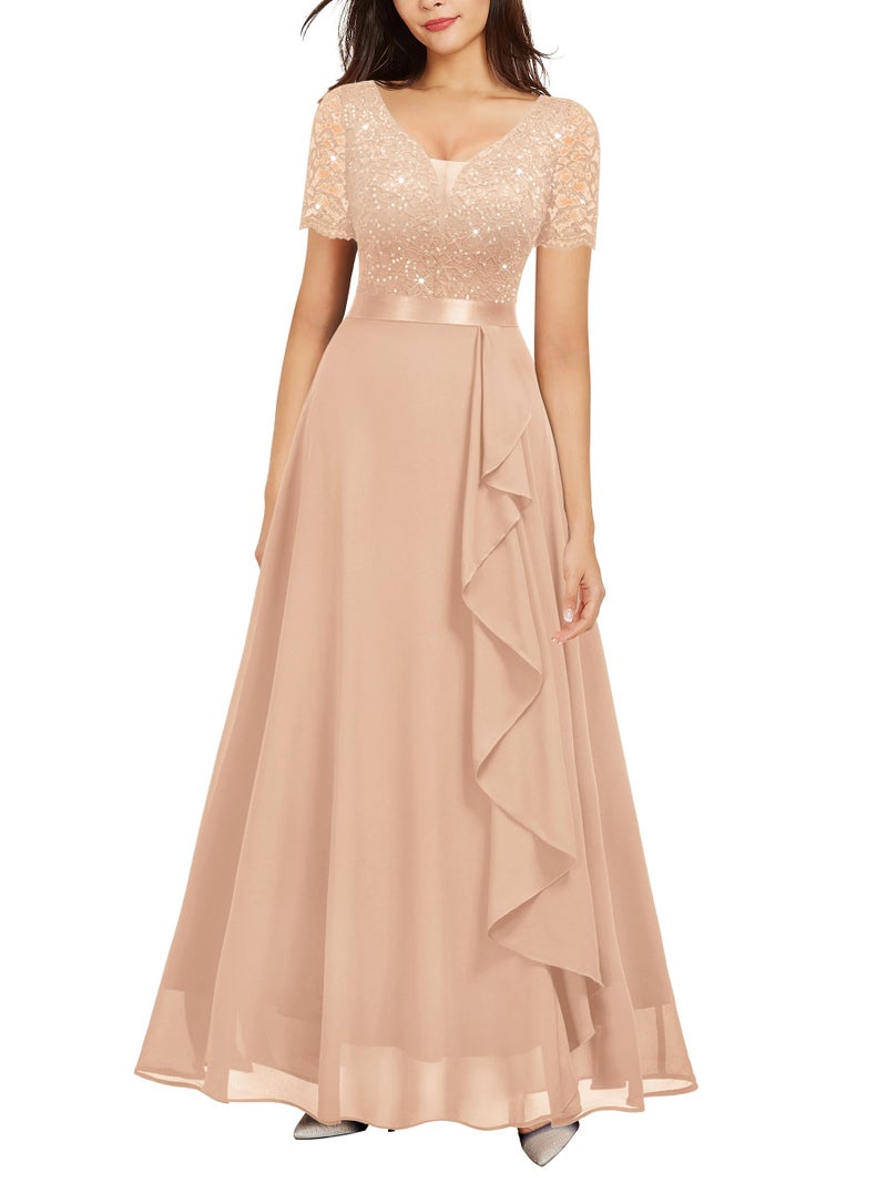 Miusol Women's Classy V-Neck Ruffle Floral Lace Hem Trim Sequined Maxi Bridesmaid Dress (X-Large, D-Champagne) - Image 1