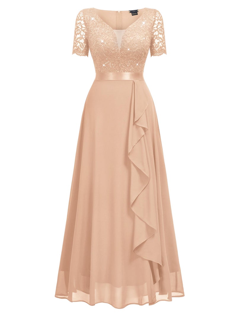 Miusol Women's Classy V-Neck Ruffle Floral Lace Hem Trim Sequined Maxi Bridesmaid Dress (X-Large, D-Champagne) - Image 4