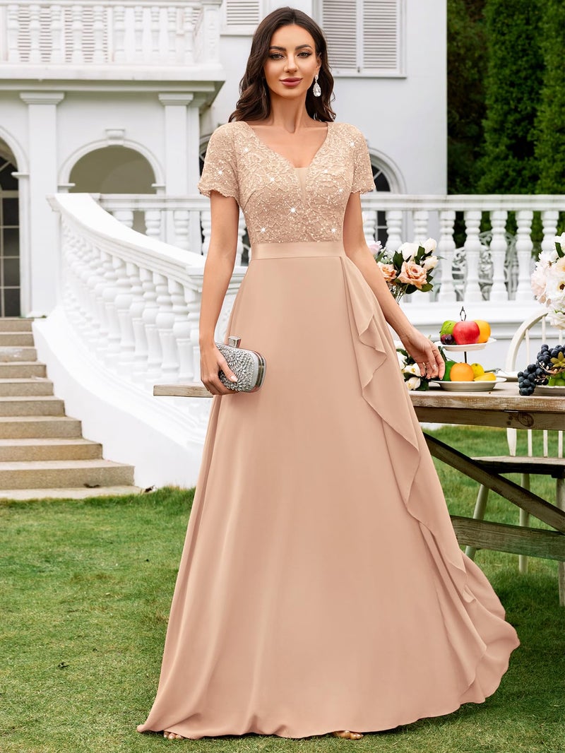 Miusol Women's Classy V-Neck Ruffle Floral Lace Hem Trim Sequined Maxi Bridesmaid Dress (X-Large, D-Champagne) - Image 3