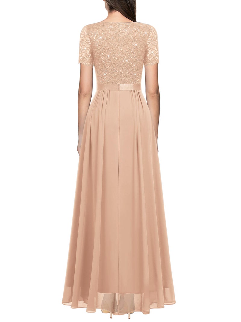 Miusol Women's Classy V-Neck Ruffle Floral Lace Hem Trim Sequined Maxi Bridesmaid Dress (X-Large, D-Champagne) - Image 2