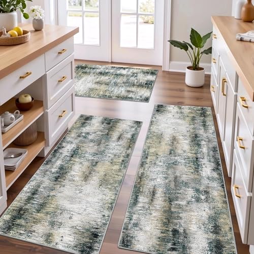 Tritard Upgrade Non Slip Kitchen Rugs Sets of 3 Washable Kitchen Mats for Floor Abstract Kitchen Runner Rug Soft Floor Mat Set Kitchen Carpet Rugs for Hallway Laundry Sink Entryway Black GreyGold - Image 1