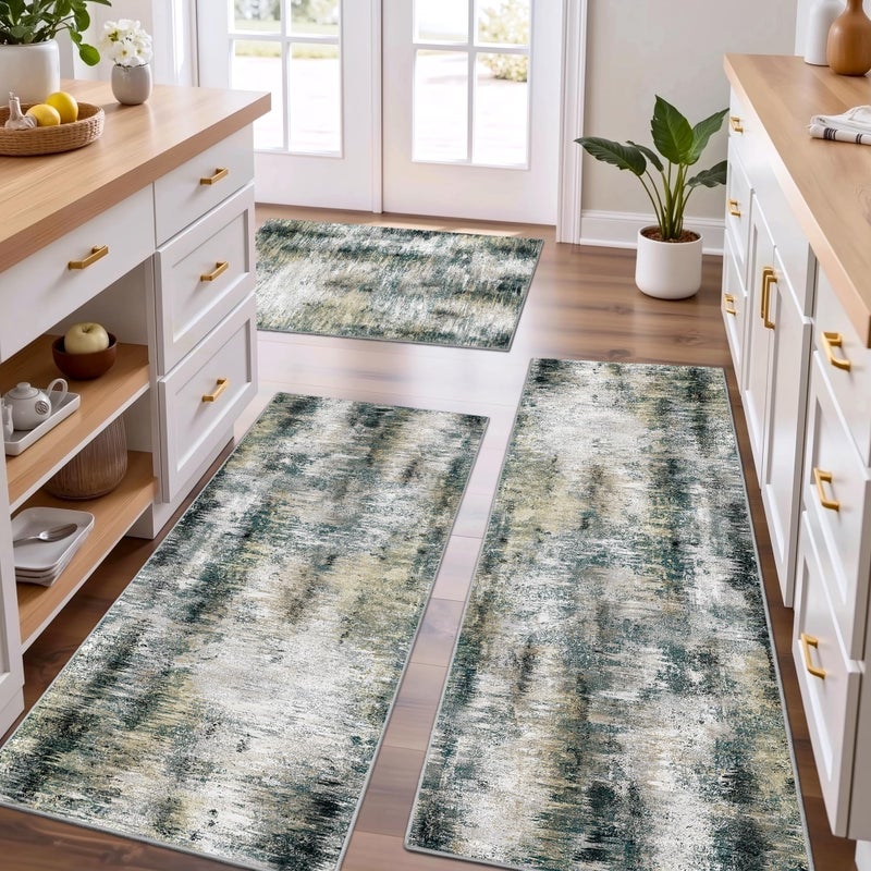 Tritard Upgrade Non Slip Kitchen Rugs Sets of 3 Washable Kitchen Mats for Floor Abstract Kitchen Runner Rug Soft Floor Mat Set Kitchen Carpet Rugs for Hallway Laundry Sink Entryway Black GreyGold - Image 2