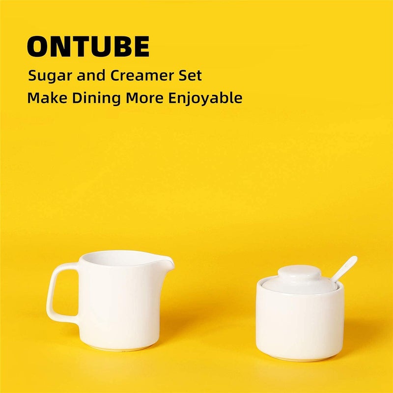 ONTUBE Porcelain Sugar and Creamer Set of 3,Ceramics Cream Pitcher, Sugar Bowl with Lid and Spoon (Bright White) - Image 5