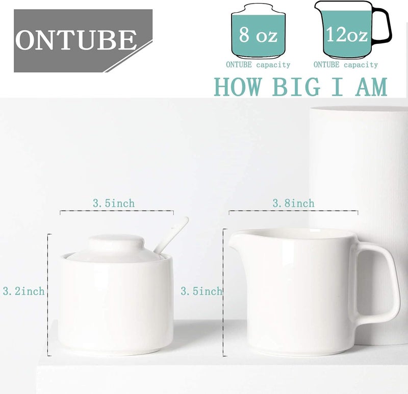 ONTUBE Porcelain Sugar and Creamer Set of 3,Ceramics Cream Pitcher, Sugar Bowl with Lid and Spoon (Bright White) - Image 2