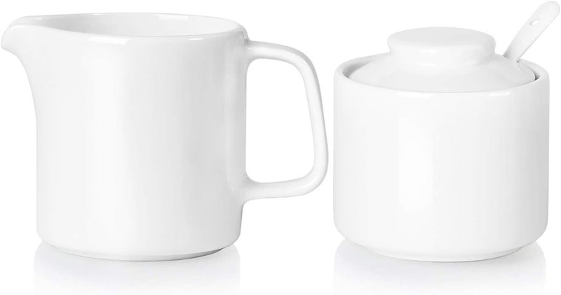 ONTUBE Porcelain Sugar and Creamer Set of 3,Ceramics Cream Pitcher, Sugar Bowl with Lid and Spoon (Bright White) - Image 1