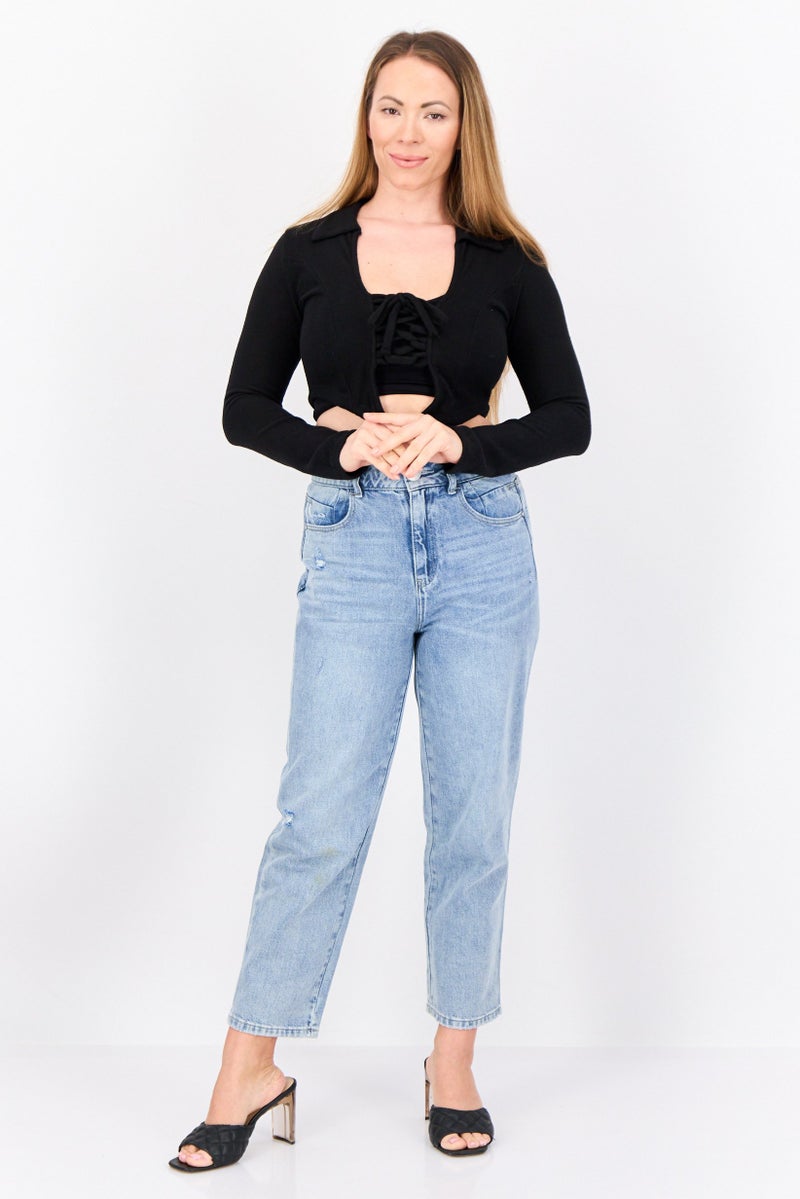 POOF Women Spread Collar Long Sleeve Plain Top, Black - Image 3