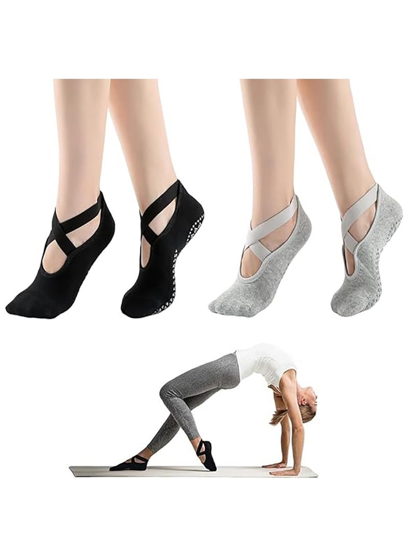 YelaJoy 2 Pairs Strap Non-slip Yoga Socks for Women,Unisex Yoga Special Sports Socks Slipper Socks Pilates Socks with Grips Cotton Football Socks Ballet Dance Socks Anti-Skid Socks for Barre Fitness  - Image 1