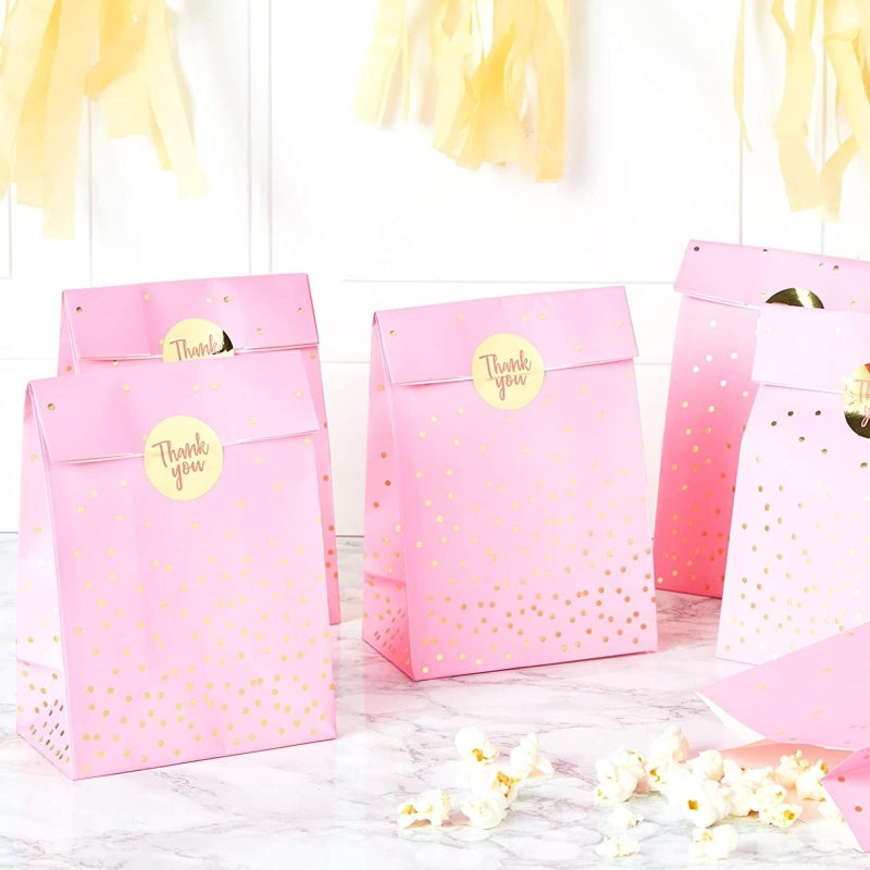 Sparkle and Bash Pink Party Favor Bags - Pink Paper with Gold Polka Dots, 5.15 x 8.6 In, Pack of 36 - Gold Goodie Bags with Polka Dot Stickers for Candy & Small Toys - Image 2