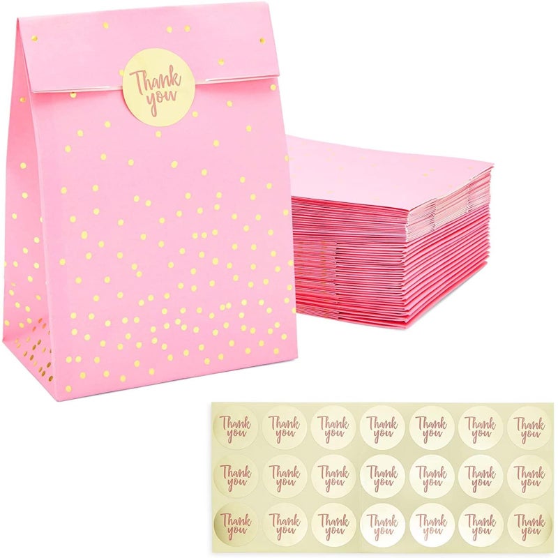 Sparkle and Bash Pink Party Favor Bags - Pink Paper with Gold Polka Dots, 5.15 x 8.6 In, Pack of 36 - Gold Goodie Bags with Polka Dot Stickers for Candy & Small Toys - Image 1