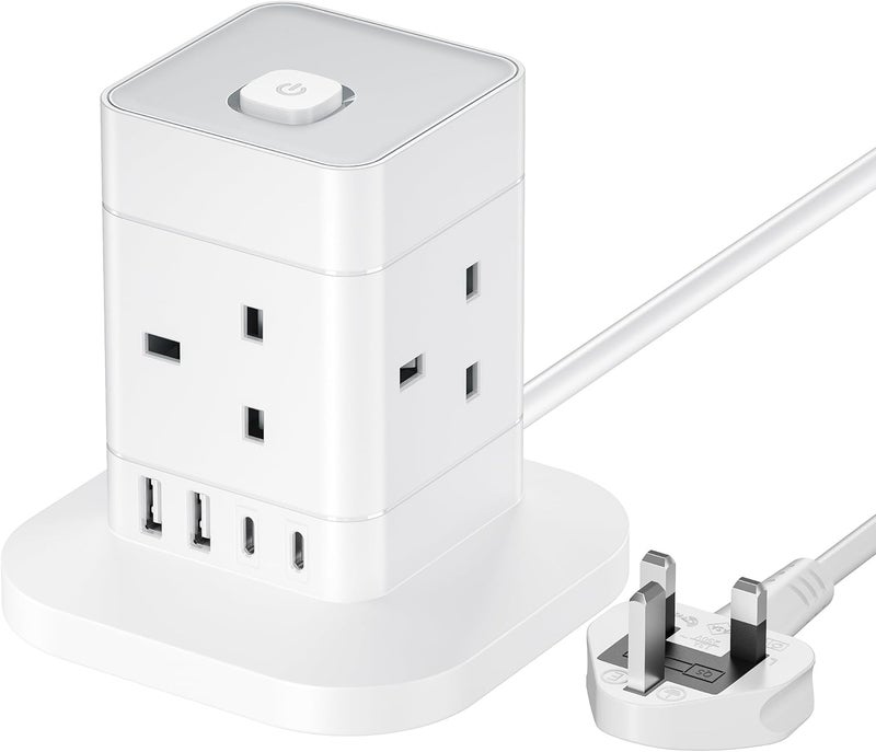 KASTWAVE Cube Extension Lead with USB Slots, 4 Way Multi Plug Extension Socket with 2 USB C and 2 USB A, 13A 3250W Power Strip with Switch 1.5M Extension Cords for Desk Home Office Travel - Image 1