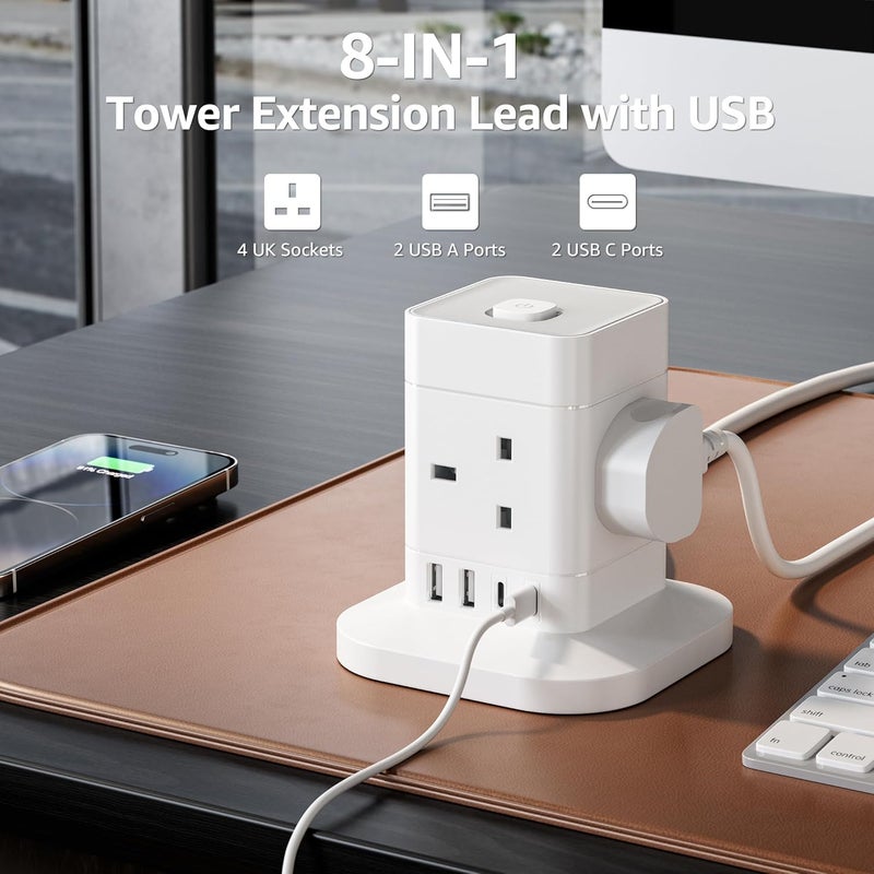 KASTWAVE Cube Extension Lead with USB Slots, 4 Way Multi Plug Extension Socket with 2 USB C and 2 USB A, 13A 3250W Power Strip with Switch 1.5M Extension Cords for Desk Home Office Travel - Image 3