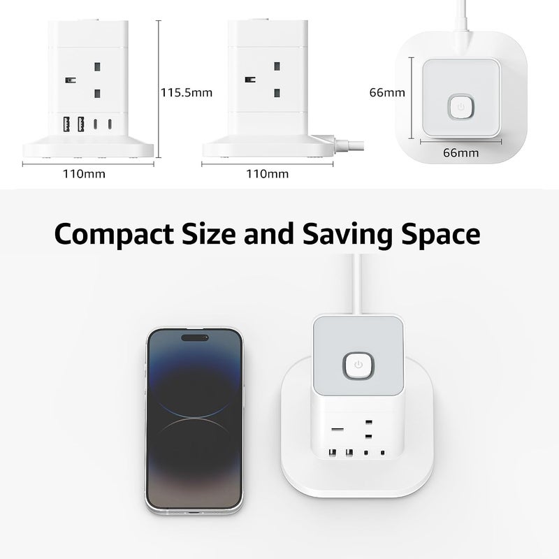 KASTWAVE Cube Extension Lead with USB Slots, 4 Way Multi Plug Extension Socket with 2 USB C and 2 USB A, 13A 3250W Power Strip with Switch 1.5M Extension Cords for Desk Home Office Travel - Image 5