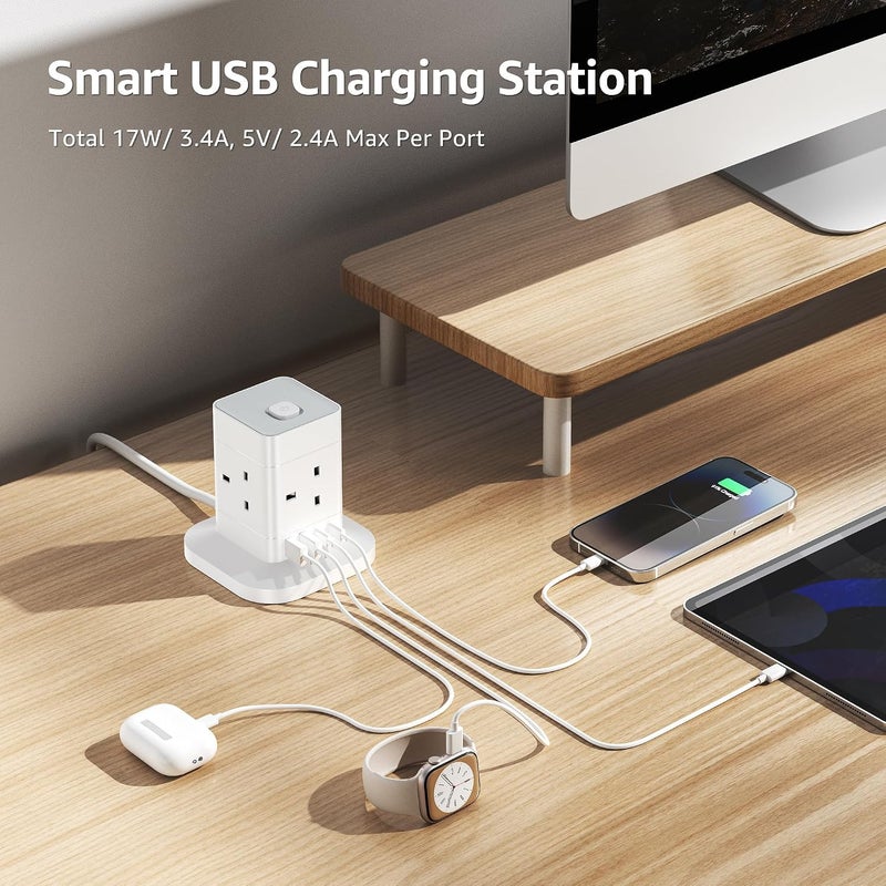 KASTWAVE Cube Extension Lead with USB Slots, 4 Way Multi Plug Extension Socket with 2 USB C and 2 USB A, 13A 3250W Power Strip with Switch 1.5M Extension Cords for Desk Home Office Travel - Image 4