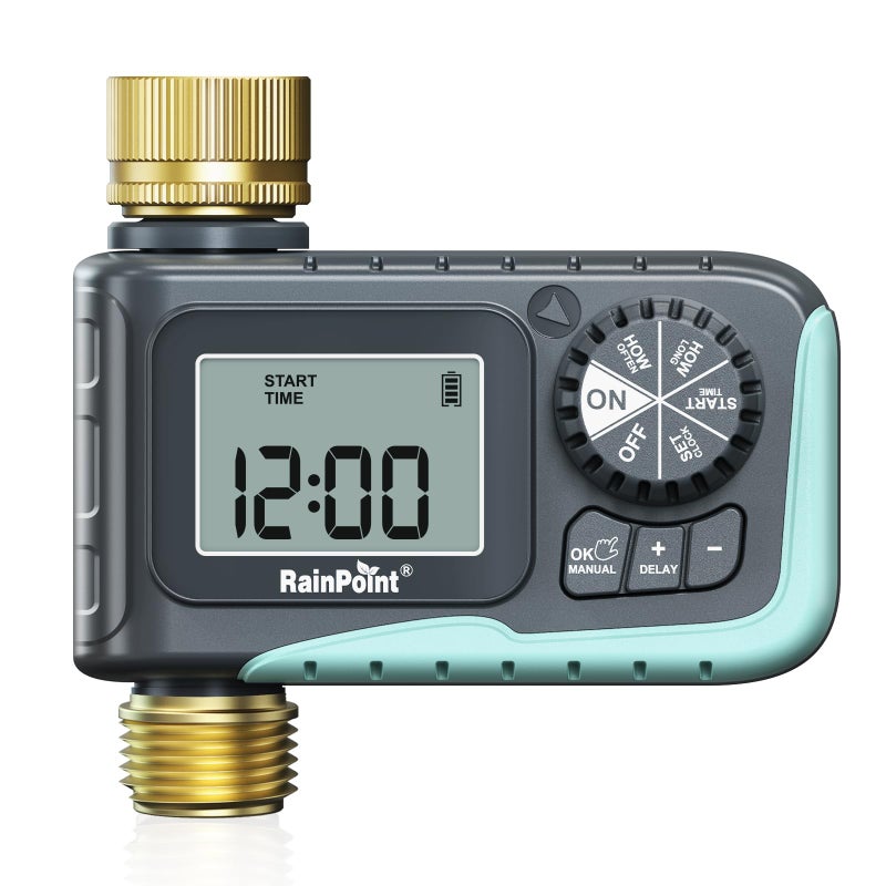RAINPOINT Sprinkler Timer with Brass Inlet  Outlet Programmable Hose Timer for Garden Soaker Hose Watering Timer with Rain DelayManual Watering System Digital Drip Irrigation for Yard Lawn