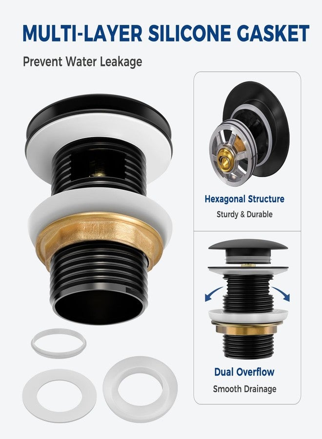 BOTEMY Solid Brass Pop-Up Drain with Overflow for Freestanding Tubs, Tool-Free Installation Bathtub Drain Stopper with Matte Black Finish, Universal Fit 1.8" Hole, Leak-Proof Heavy Duty（Matte Black - Image 4