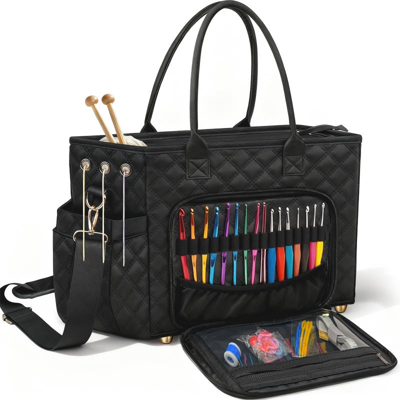 VERONLY Crochet Bag Yarn Storage, Large Knitting Tote with Padded Crochet Hook Organizer, Tote with Multiple Compartments for Crochet Lovers, Knitting Accessories, Unique Valentines Gifts for Her - Image 1