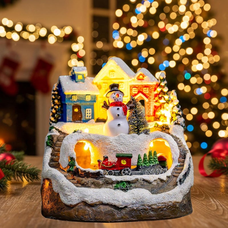 ZQQLITE Animated Musical Christmas Snowman Village Houses with Rotating Train, Lighted Christmas Village Collection Figurines for Home Tabletop Decorations Ornaments Gifts - Image 1