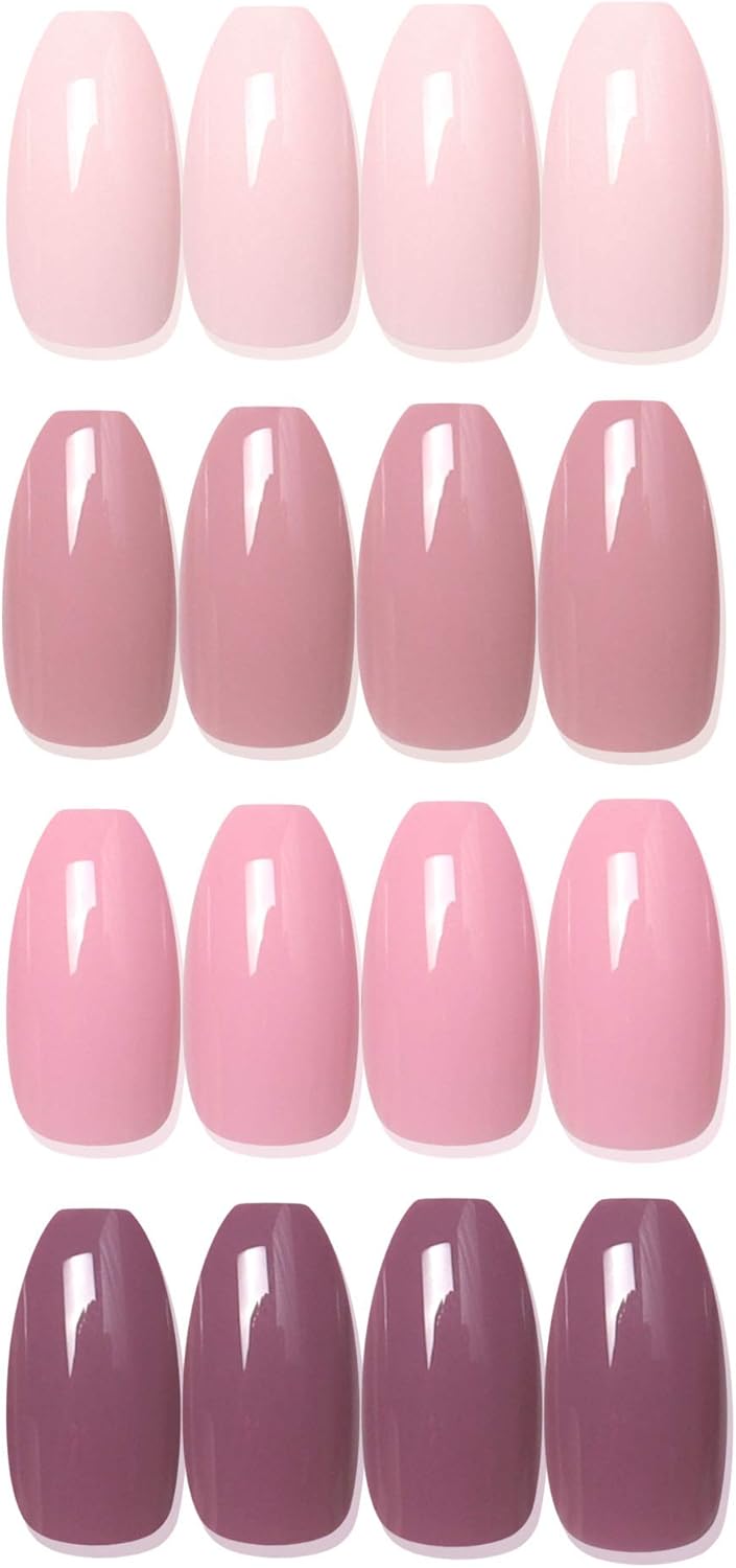 SIUSIO 96Pcs Colorful Coffin Nails Full Cover Press on UV Top Coat Covered Fall Color Maple Leaf Red Acrylic Fake Nail Autumn Medium Ballerina False Gel Nails Art Tips for Women and Girls Pink