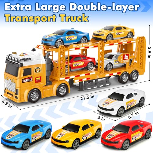 Bstoyder Toddler Boy Toys for 3 4 5 6 7 Years Kids 21 Double Layer Race Truck Toy with 4 Racing Cars Friction Powered Vehical Toys with Lights and Sounds Birthday for Boy GirlsYellow - Image 5