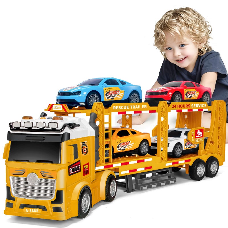 Bstoyder Toddler Boy Toys for 3 4 5 6 7 Years Kids 21 Double Layer Race Truck Toy with 4 Racing Cars Friction Powered Vehical Toys with Lights and Sounds Birthday for Boy GirlsYellow - Image 3
