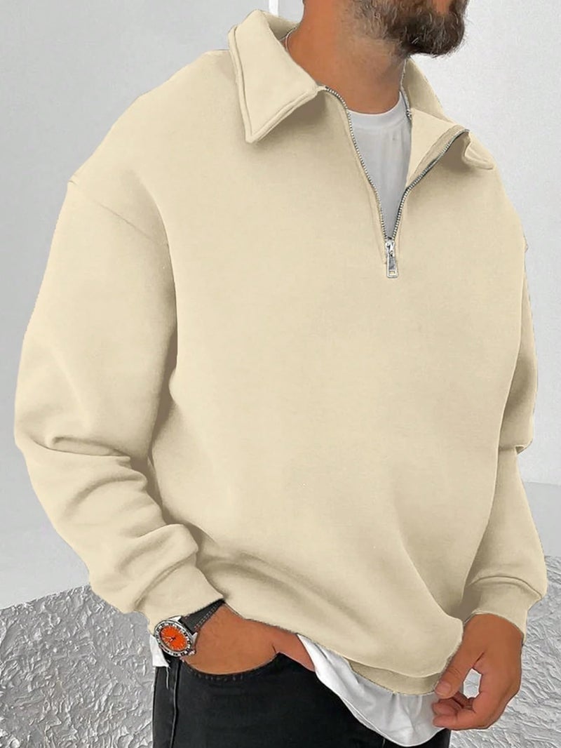 SXV STYLE Men's Half Zipper Collared Sweatshirt (in, Alpha, S, Beige) - Image 4