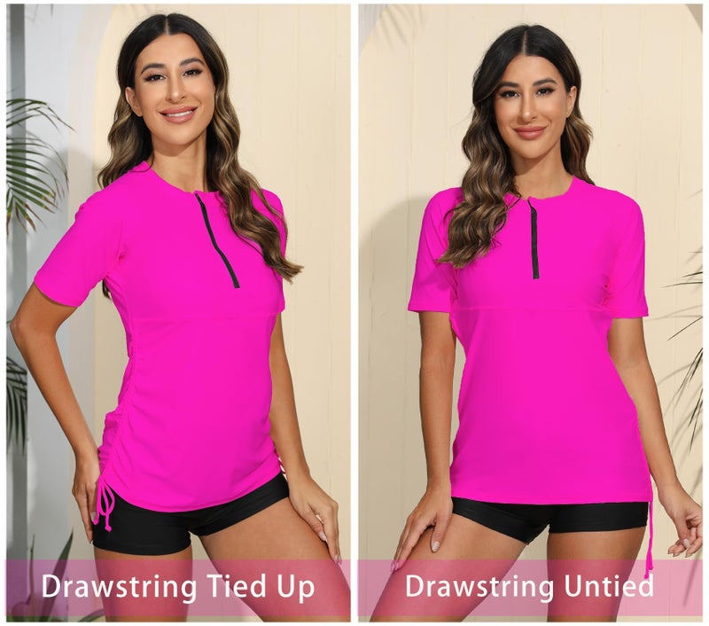 Halcurt Women's Half Zip Short Sleeve Rash Guard Swim Shirt with Tie Drawstring UPF50+ Swimsuit Top Neon Pink S - Image 5