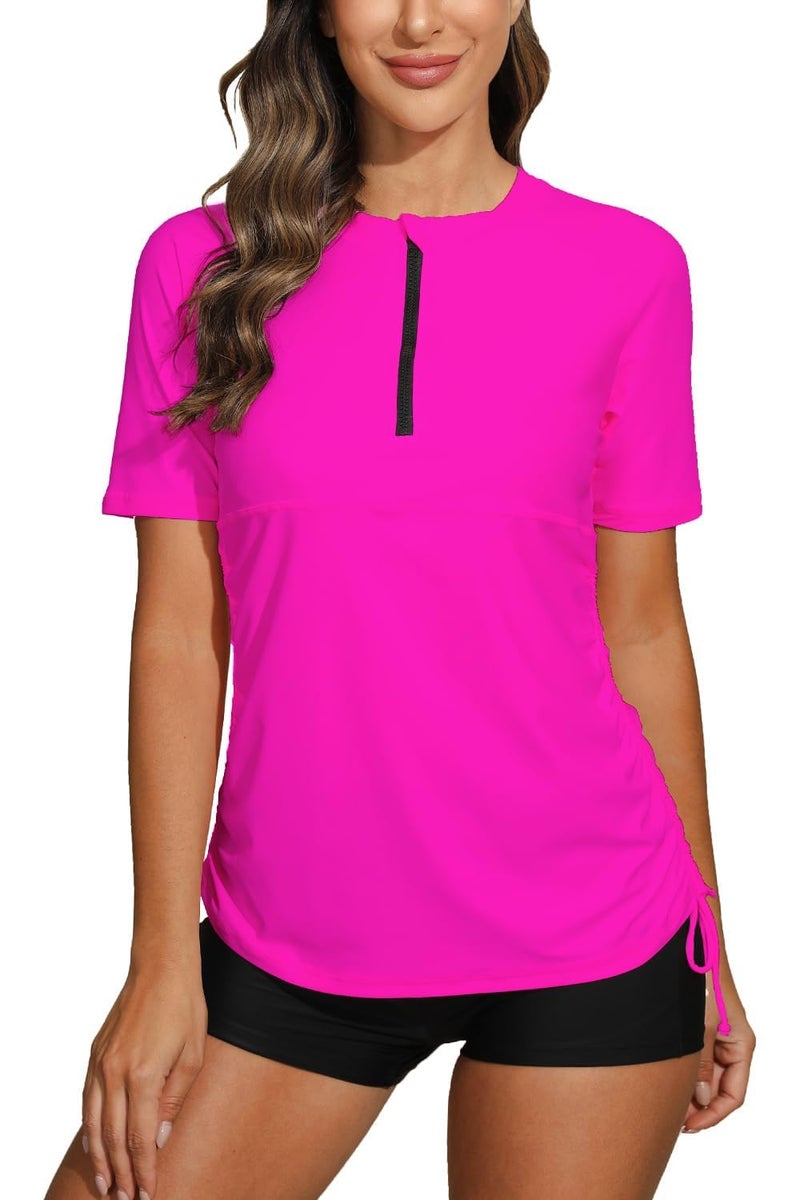 Halcurt Women's Half Zip Short Sleeve Rash Guard Swim Shirt with Tie Drawstring UPF50+ Swimsuit Top Neon Pink S - Image 1