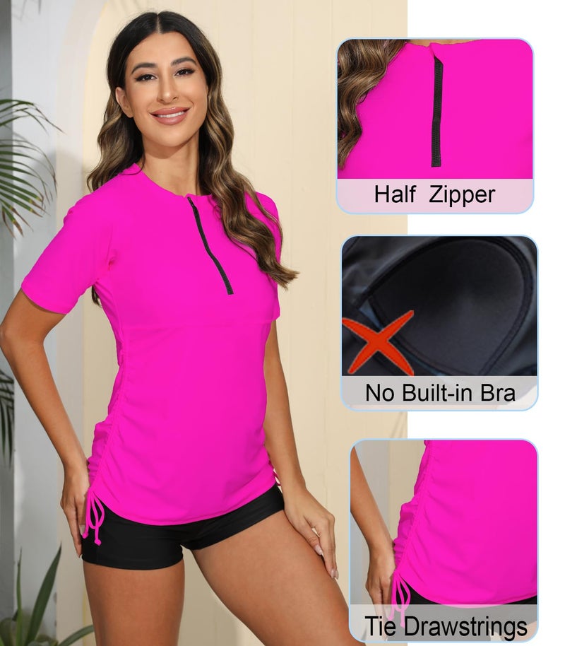 Halcurt Women's Half Zip Short Sleeve Rash Guard Swim Shirt with Tie Drawstring UPF50+ Swimsuit Top Neon Pink S - Image 4