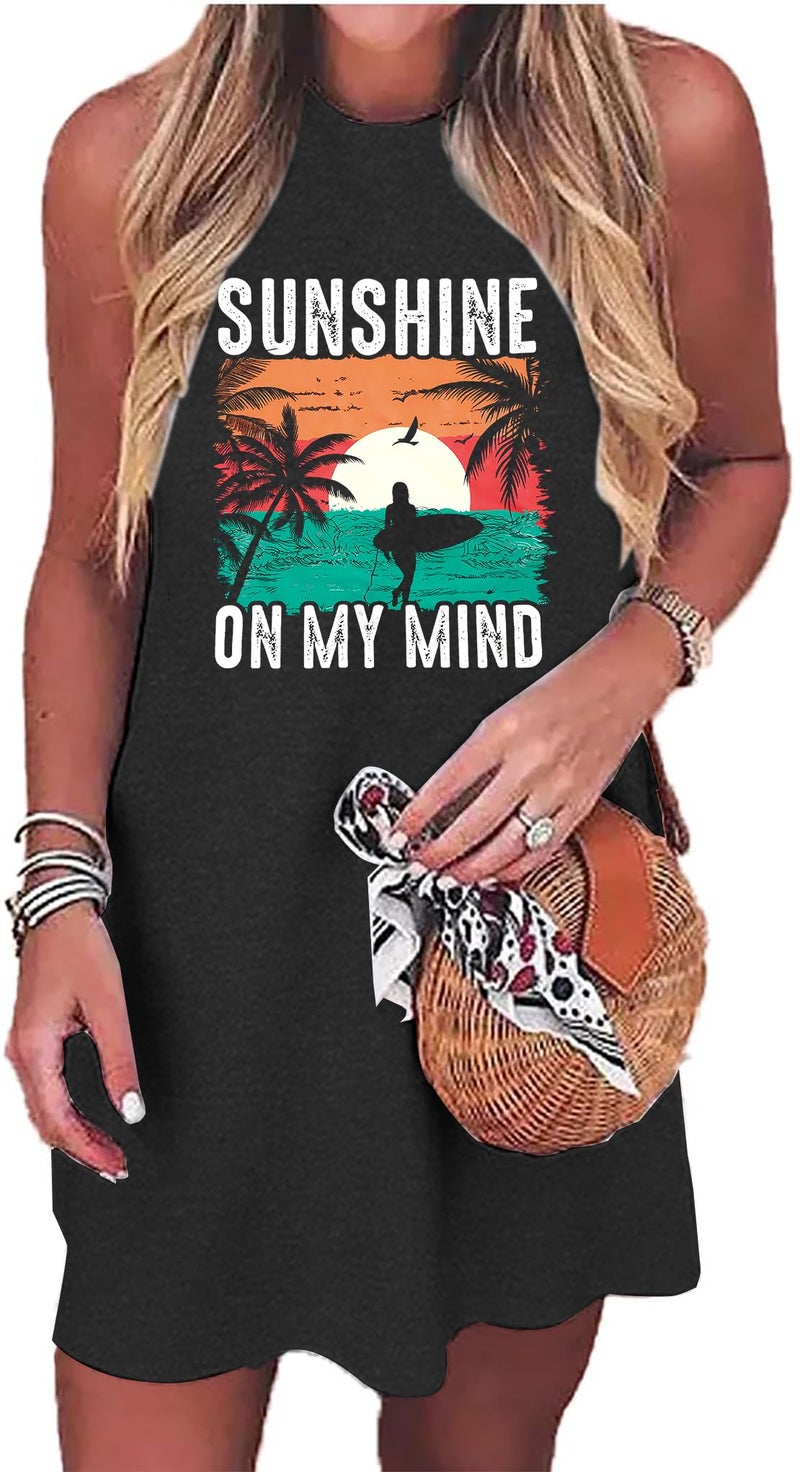 MYHALF Summer Sundress for Women Graphic Mini Tank Dress Sleeveless Beach Dresses Short Casual Sun Dresses Grey - Image 1