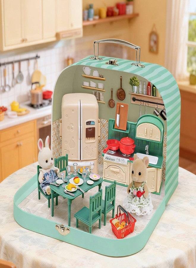 Golray Dollhouse Kitchen Furniture Suitcase Set for Kids, 2 Flexible Dolls/Dining Tble/Kitchenware/Tableware/Refrigerator/Bread, Pretend Play Dollhouse Accessories Christmas Birthday Gift for Girls Ages 3+ - Image 3