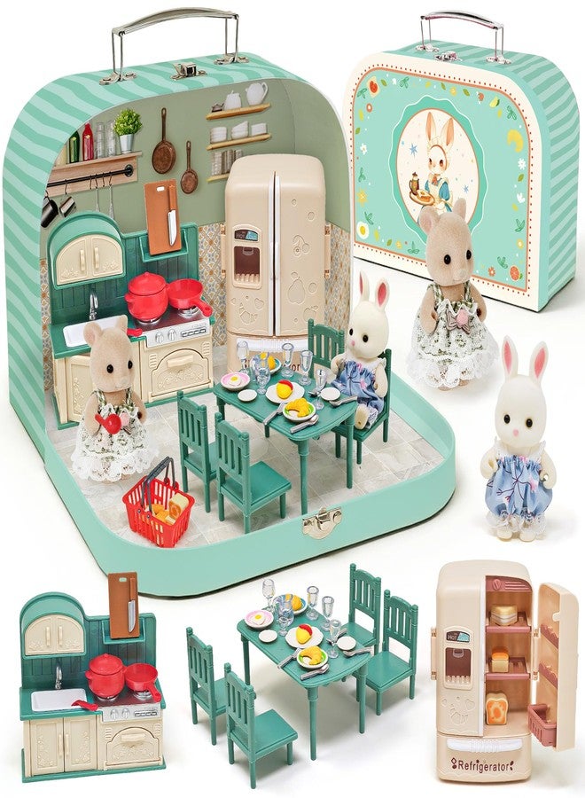 Golray Dollhouse Kitchen Furniture Suitcase Set for Kids, 2 Flexible Dolls/Dining Tble/Kitchenware/Tableware/Refrigerator/Bread, Pretend Play Dollhouse Accessories Christmas Birthday Gift for Girls Ages 3+ - Image 1