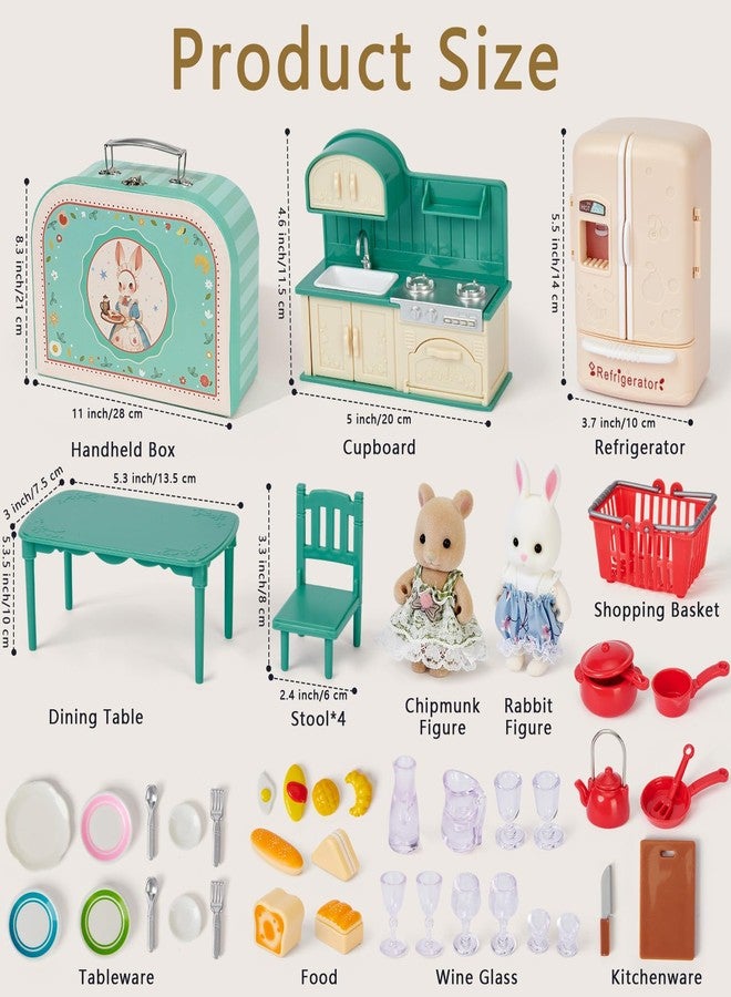Golray Dollhouse Kitchen Furniture Suitcase Set for Kids, 2 Flexible Dolls/Dining Tble/Kitchenware/Tableware/Refrigerator/Bread, Pretend Play Dollhouse Accessories Christmas Birthday Gift for Girls Ages 3+ - Image 2