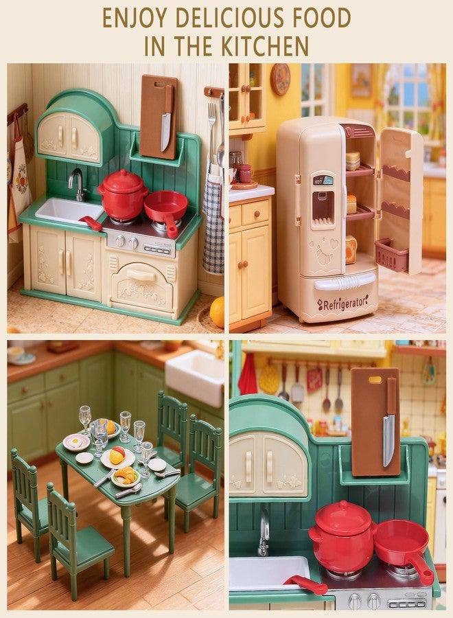 Golray Dollhouse Kitchen Furniture Suitcase Set for Kids, 2 Flexible Dolls/Dining Tble/Kitchenware/Tableware/Refrigerator/Bread, Pretend Play Dollhouse Accessories Christmas Birthday Gift for Girls Ages 3+ - Image 4