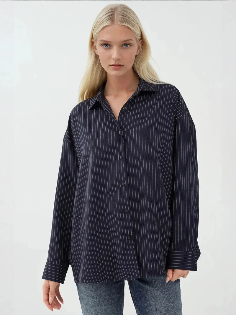 HICCUP Navy Blue Oversize Striped Shirt for Women | Best Price UAE