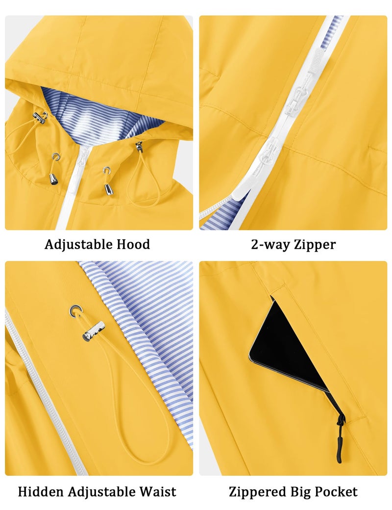 TCOT Rain Jacket Women Hooded Hiking Raincoats Outdoor Waterproof Windbreaker Jackets Lined Long Trench Coat Yellow M - Image 3