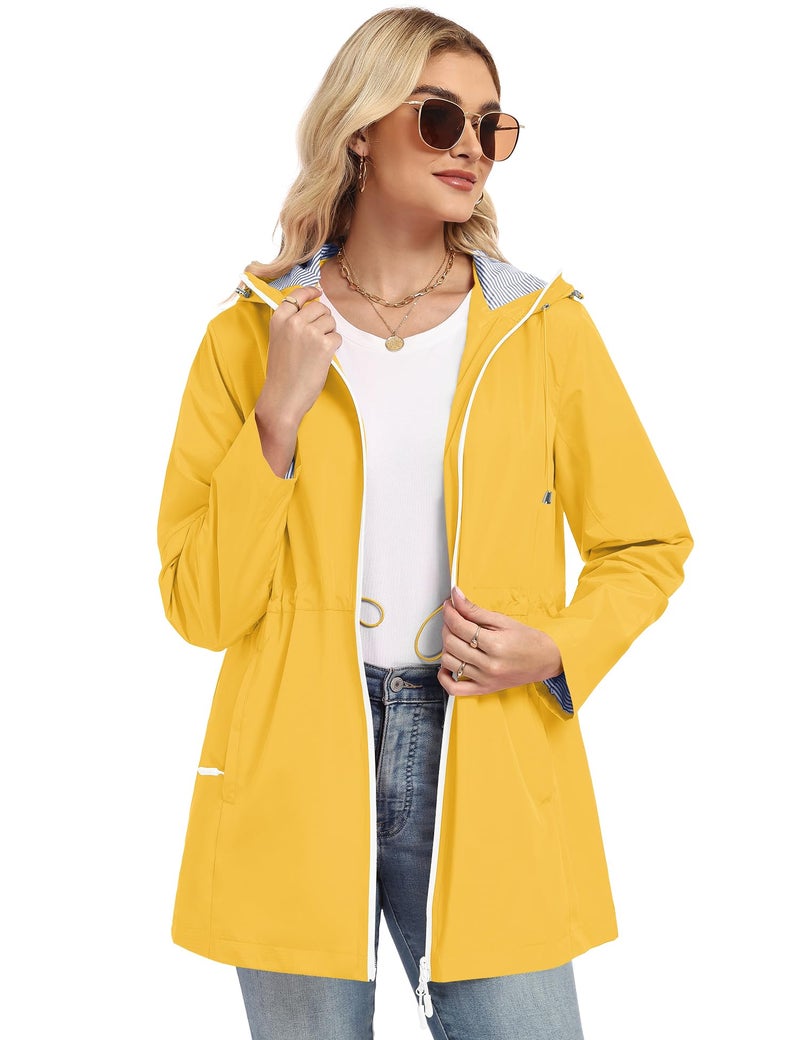 TCOT Rain Jacket Women Hooded Hiking Raincoats Outdoor Waterproof Windbreaker Jackets Lined Long Trench Coat Yellow M - Image 4