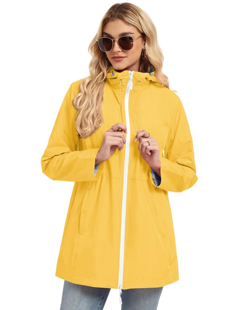 TCOT Rain Jacket Women Hooded Hiking Raincoats Outdoor Waterproof Windbreaker Jackets Lined Long Trench Coat Yellow M - Image 5