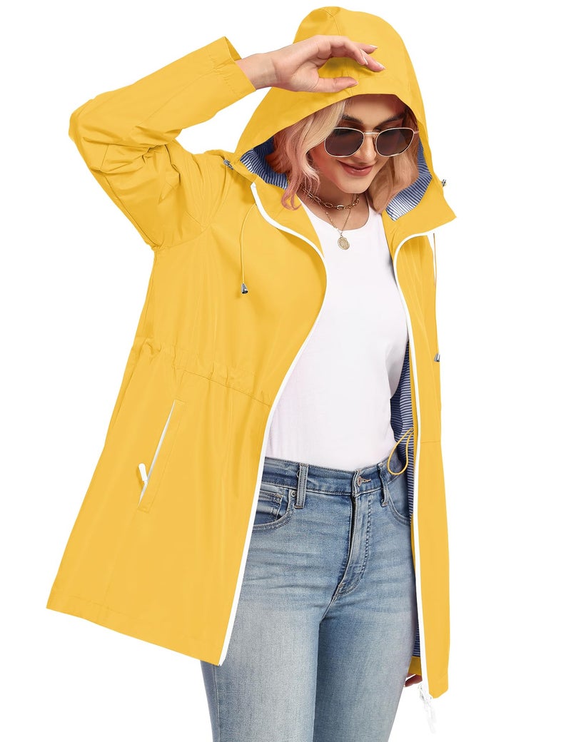 TCOT Rain Jacket Women Hooded Hiking Raincoats Outdoor Waterproof Windbreaker Jackets Lined Long Trench Coat Yellow M - Image 2